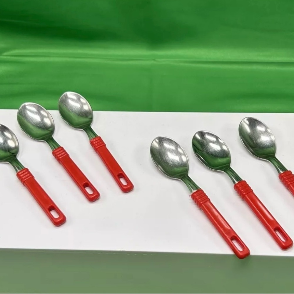 INOX 18/10  Lot Of 6 Expresso Spoons Demitasse Dessert  Red  Plastic Handle 5”